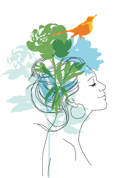 Drawing of a smiling woman with flowers in her head