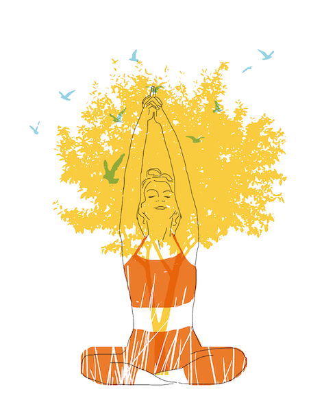 Illustration of a meditating woman layered with a yellow tree and birds in flight.