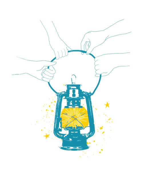 Illustration of a blue lantern held by four hands.