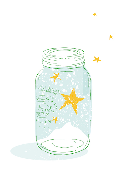 Illustration of a glass jar with snow and yellow stars in and around it.