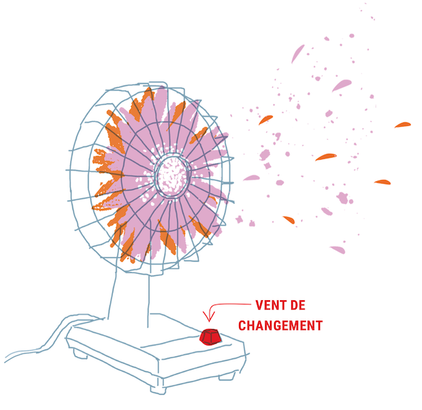 Illustration of a fan whose blades are made of flowers. The text 