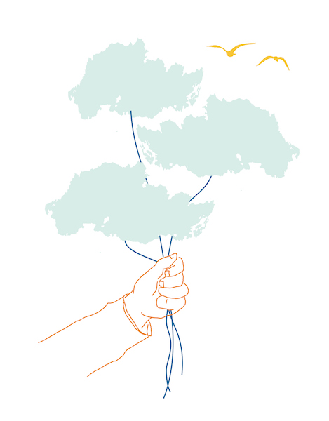 Illustration of a hand holding three strings, each attached to a small cloud floating in the air.