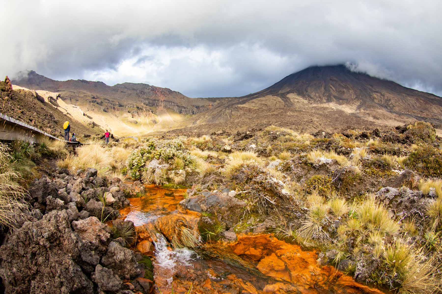 Au pied d’un volcan, un petit ruisseau coule parmi les roches volcaniques et une végétation de graminée.
