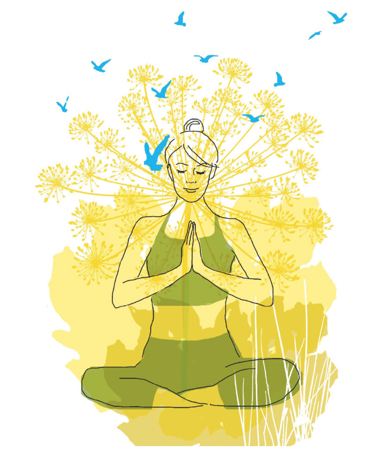 Illustration d’une femme en train de méditer superposée avec une fleur jaune et des oiseaux en vols.