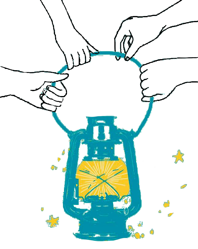 Illustration d’une lanterne bleu tenue par quatre mains.
