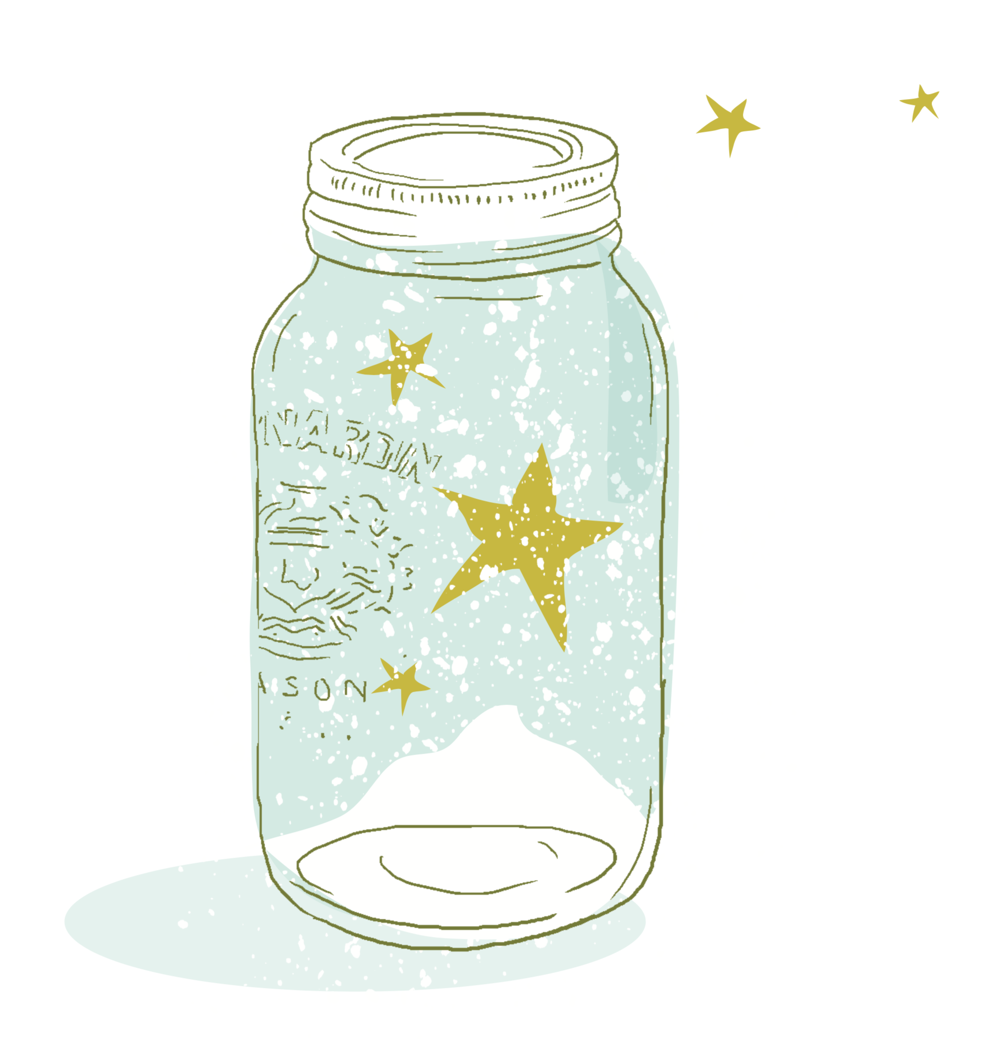 Illustration d’un pot en verre avec de la neige et des étoiles jaunes dedans et autour.