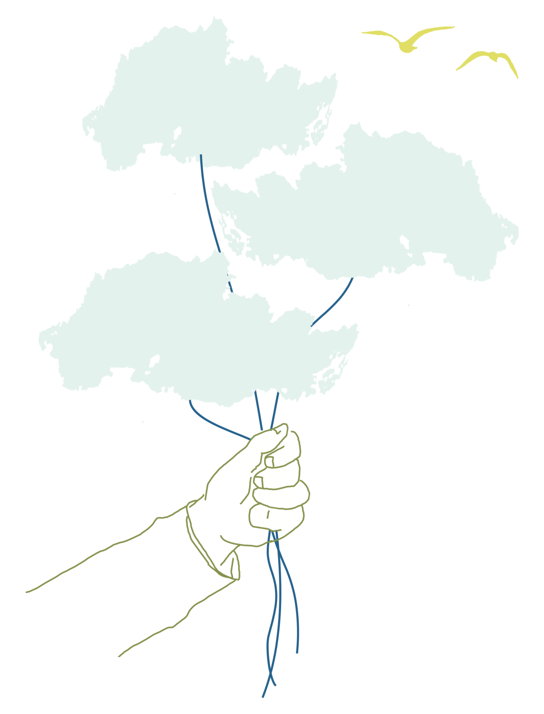 Illustration d'une main tenant trois ficelles, chacune étant attachée à un petit nuage flottant dans les airs.