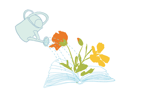 A garden watering can drips water on a book with flowers.